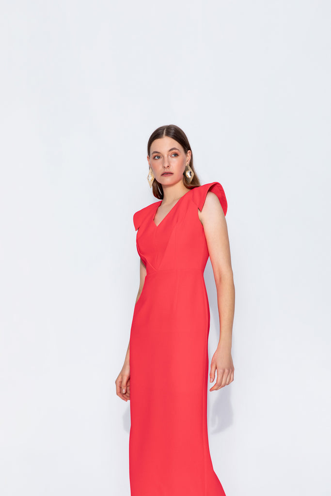 Kameya Red V-Neck Cap Sleeve Midi Dress