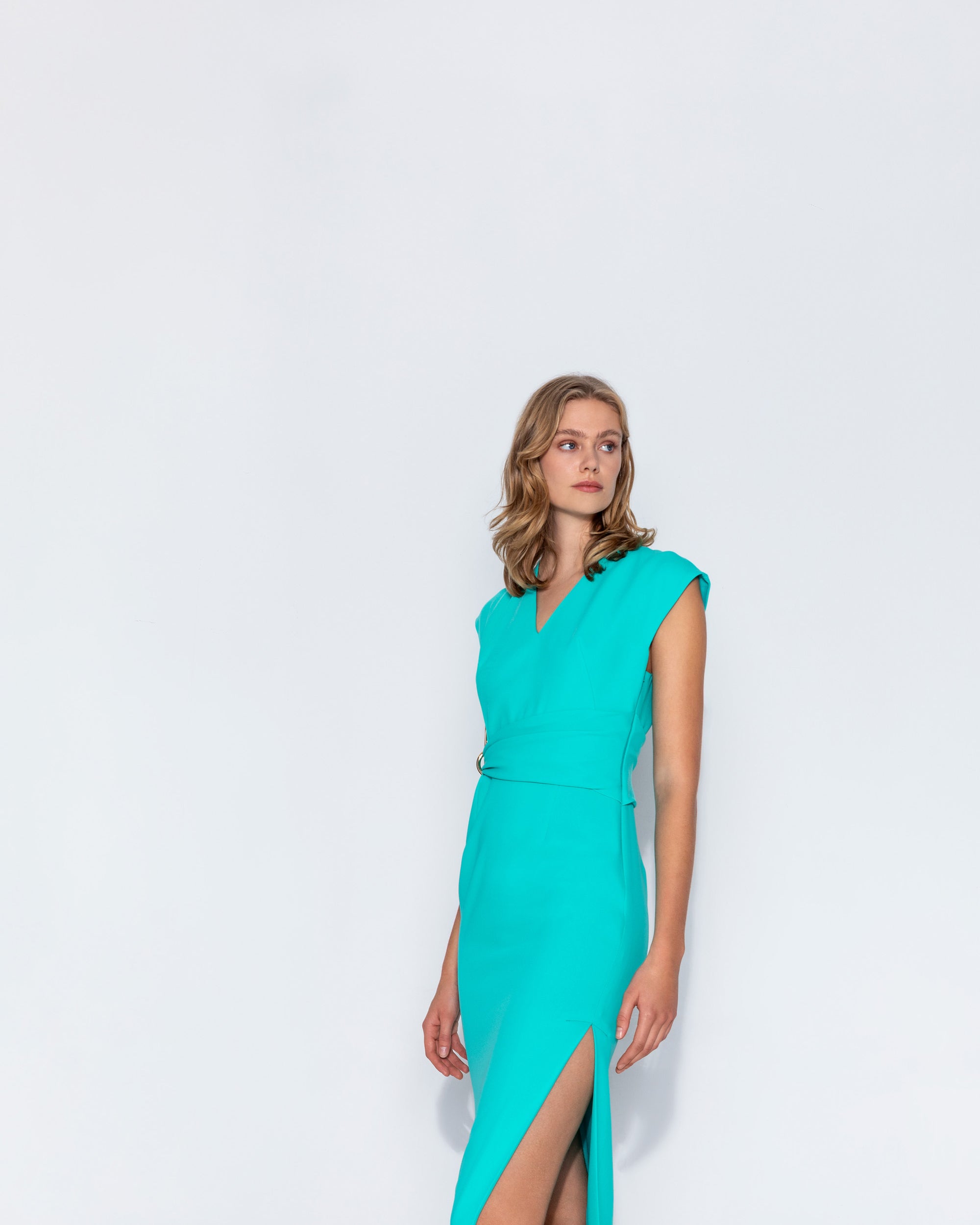Kameya Turquoise Cap Sleeve Eyelet Midi Dress With Side Split