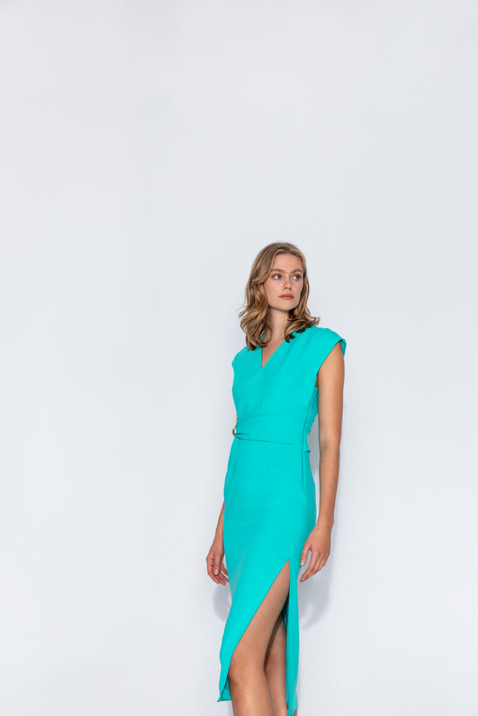 Kameya Turquoise Cap Sleeve Eyelet Midi Dress With Side Split