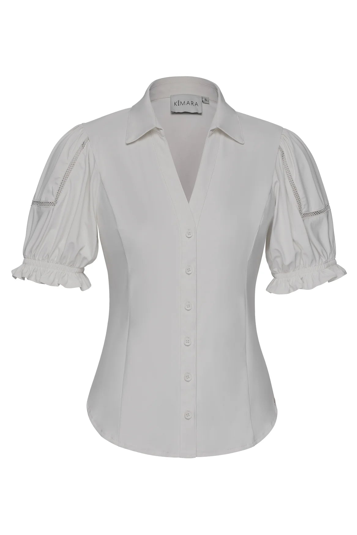 Kimara white puff sleeve blouse front V neck tailored fit