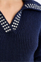 Lili Sidonio navy jumper silver studded V-neck collar detail close-up