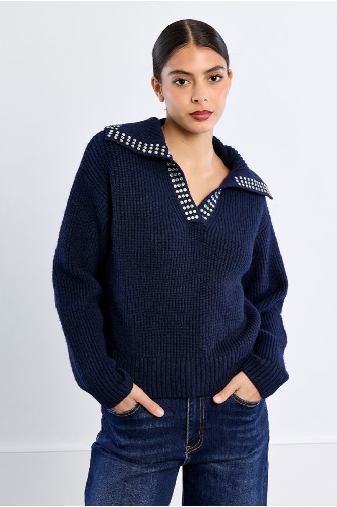 Lili Sidonio navy studded collar V-neck knit jumper front view