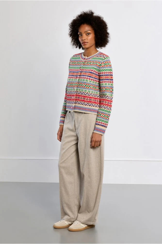 Lili Sidonio multicolour geometric cardigan styled with cream trousers