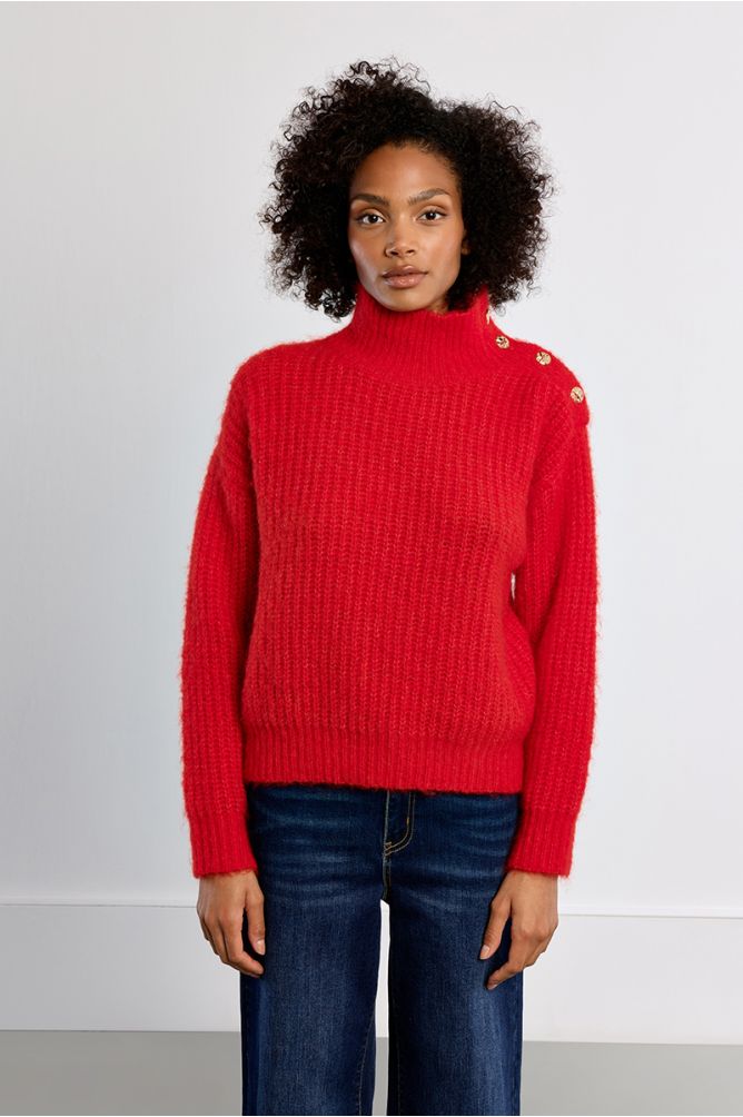 Lili Sidonio women’s red high neck knit jumper on model