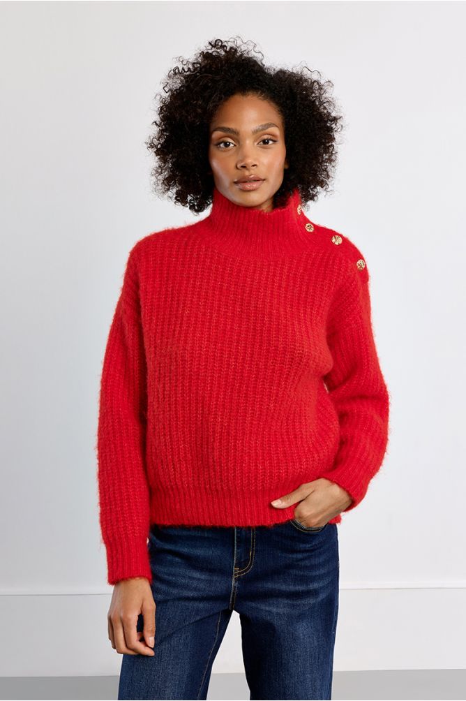 Lili Sidonio red fluffy high neck button jumper front view