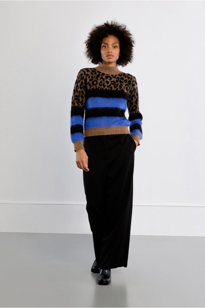 Lili Sidonio leopard and blue stripe jumper full-length styling view