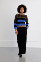 Lili Sidonio leopard and blue stripe jumper full-length styling view