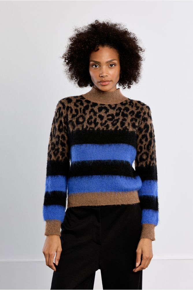 Lili Sidonio leopard print and blue striped jumper alternate front view