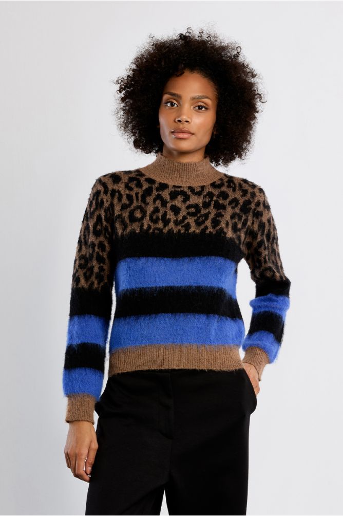 Lili Sidonio leopard and blue stripe knitted jumper front view