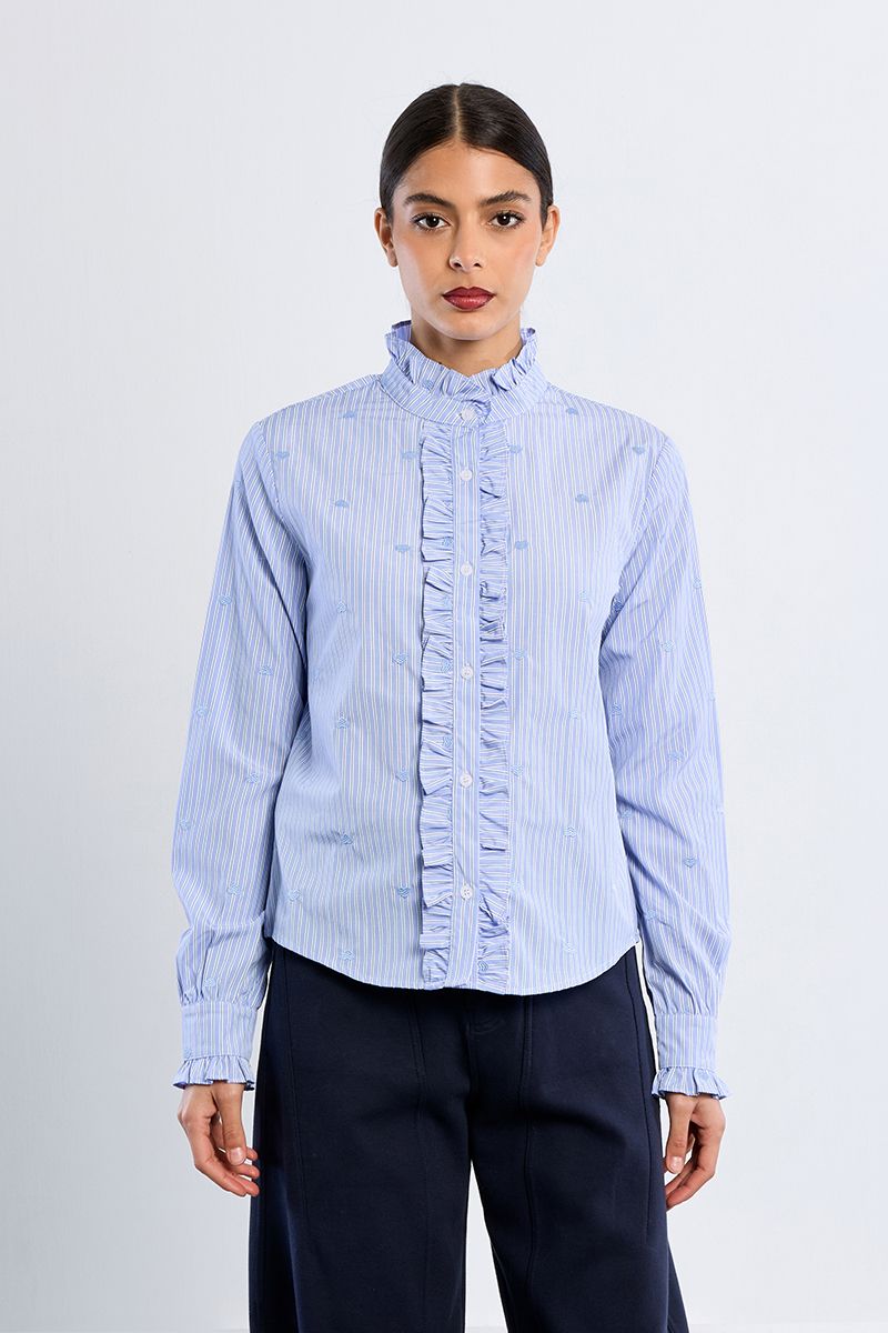 Lili Sidonio blue stripe frill neck shirt – front model view