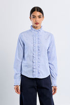 Lili Sidonio blue stripe frill neck shirt – front model view