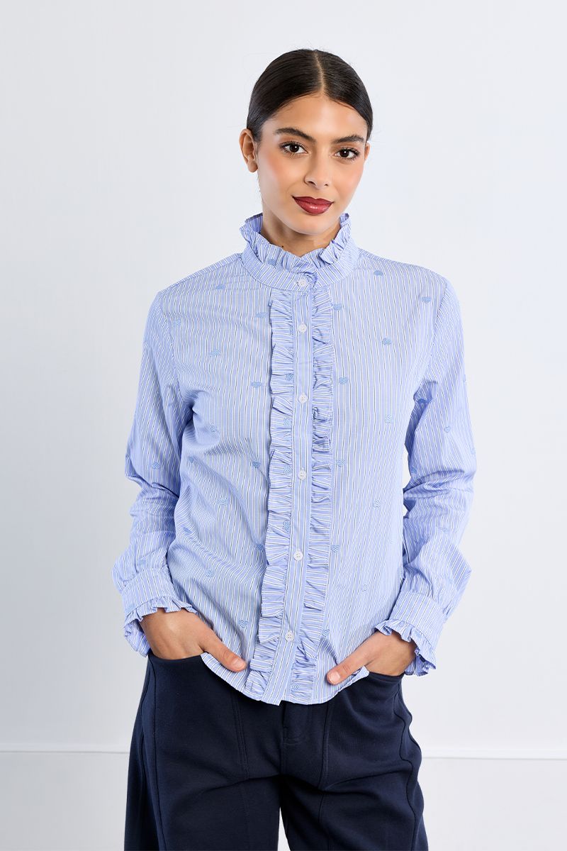  Lili Sidonio blue striped frill collar cotton shirt – front model view