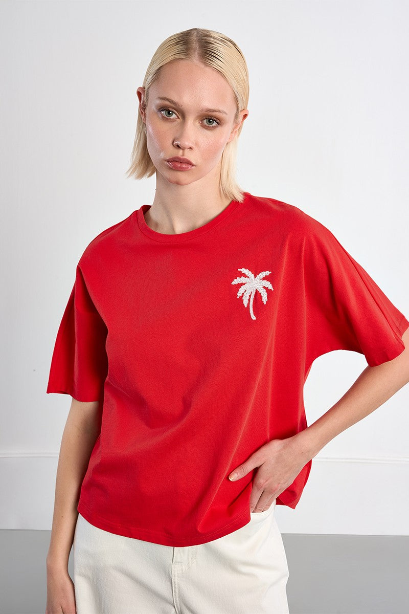 Lili Sidonio red oversized palm tree T-shirt front view