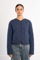 Lili Sidonio navy quilted zip jacket round neck diamond quilting front view