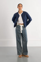 Lili Sidonio navy quilted zip jacket lightweight spring jacket styled with denim