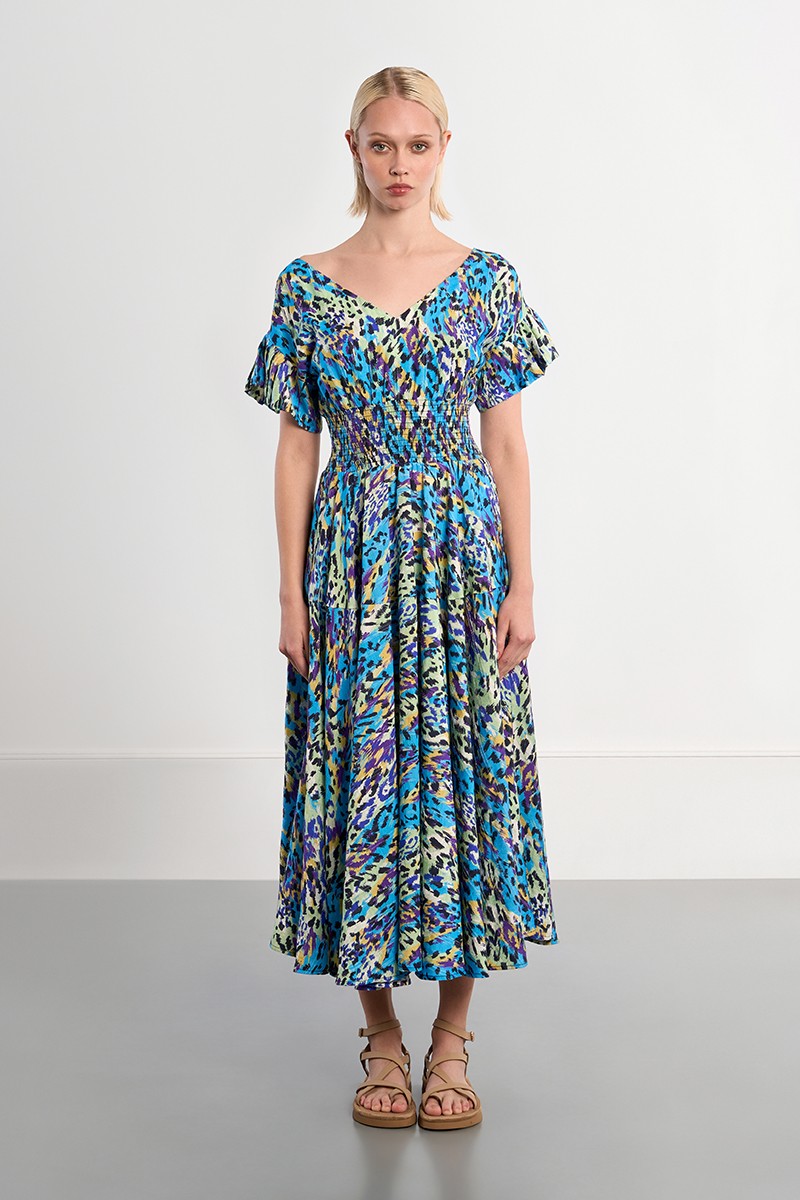 Lili Sidonio printed smocked waist maxi dress front view