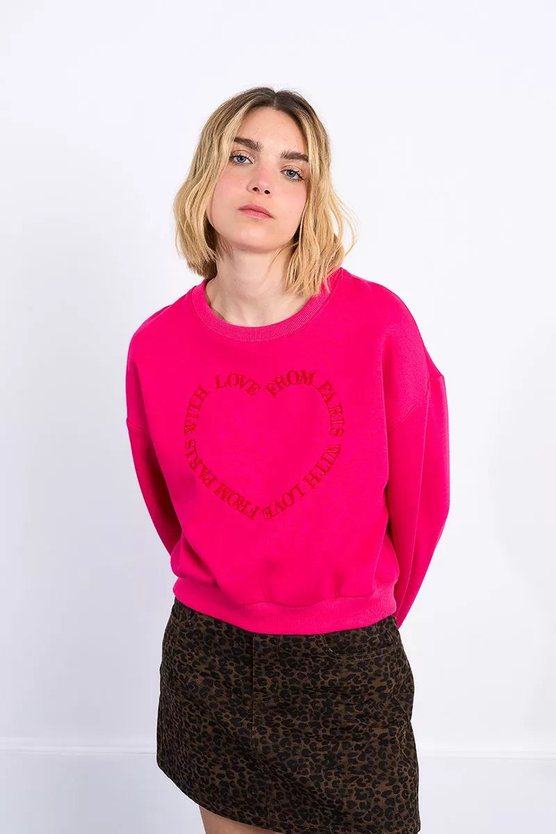 Lili Sidonio fuchsia sweatshirt with tonal heart logo front view