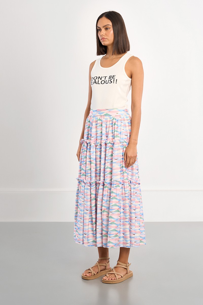Lili Sidonio geometric print tiered maxi skirt front view