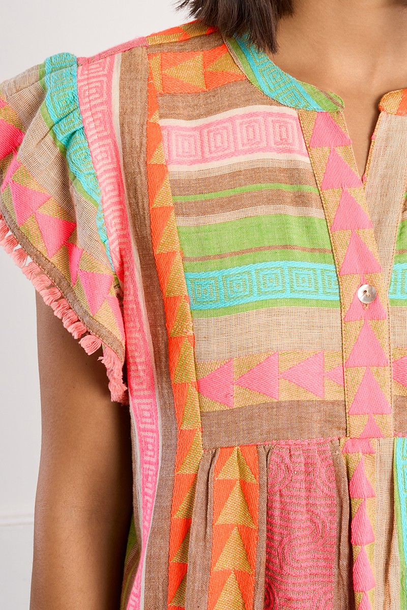 Lili Sidonio ethnic print dress close-up showing geometric multicolour pattern