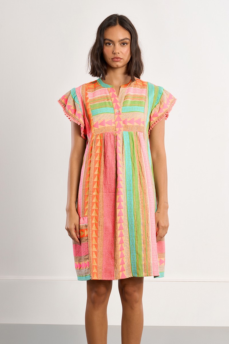Lili Sidonio multicolour ethnic print dress front view with flutter sleeves