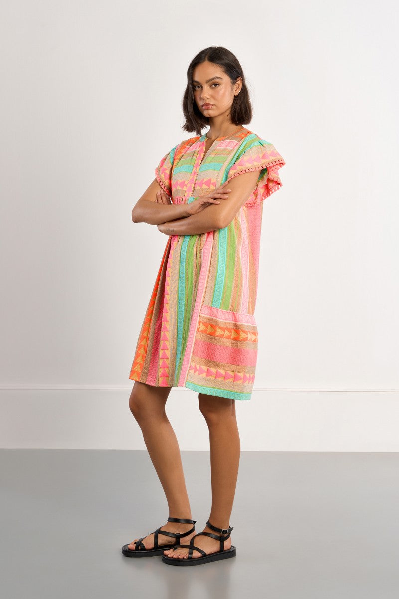 Lili Sidonio ethnic print dress side view with gathered waist detail