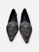Lodi Cassion leopard print court shoes with gold-tone buckle and stud detail – top view