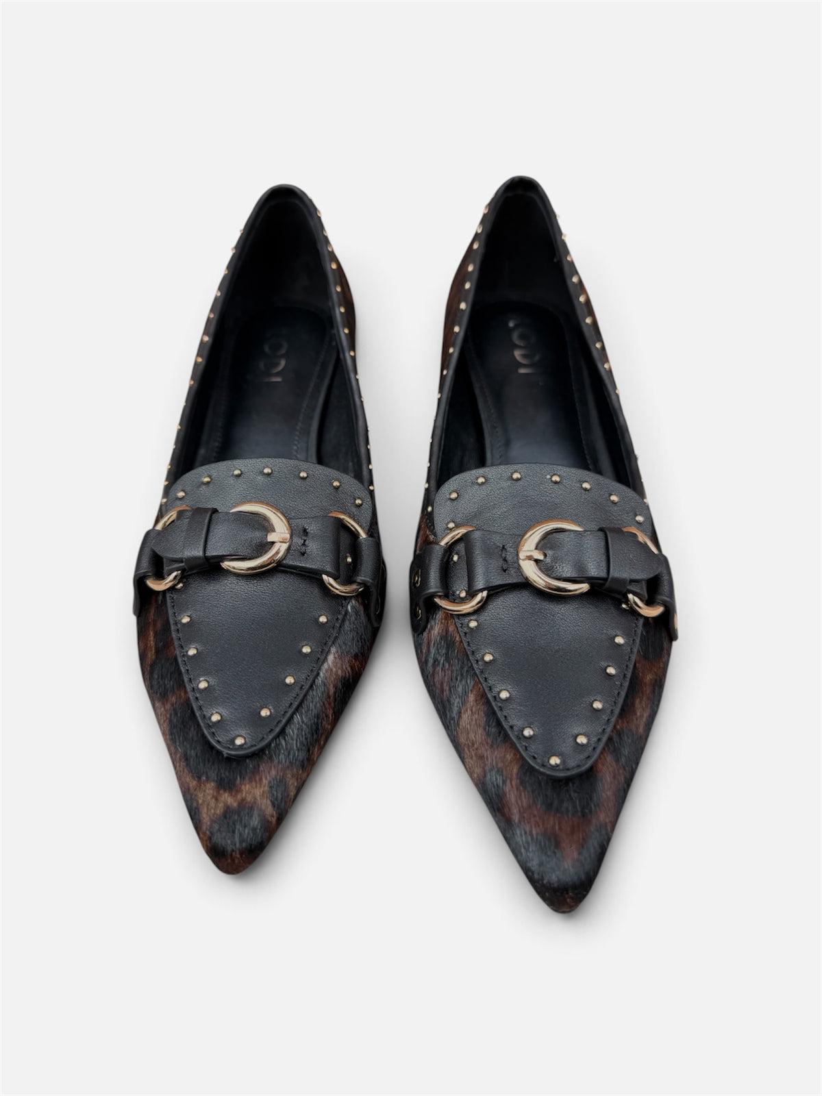 Lodi Cassion leopard print court shoes with gold-tone buckle and stud detail – top view