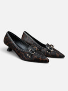 Lodi Cassion leopard print pointed toe court shoes with low sculpted heel – angled pair view