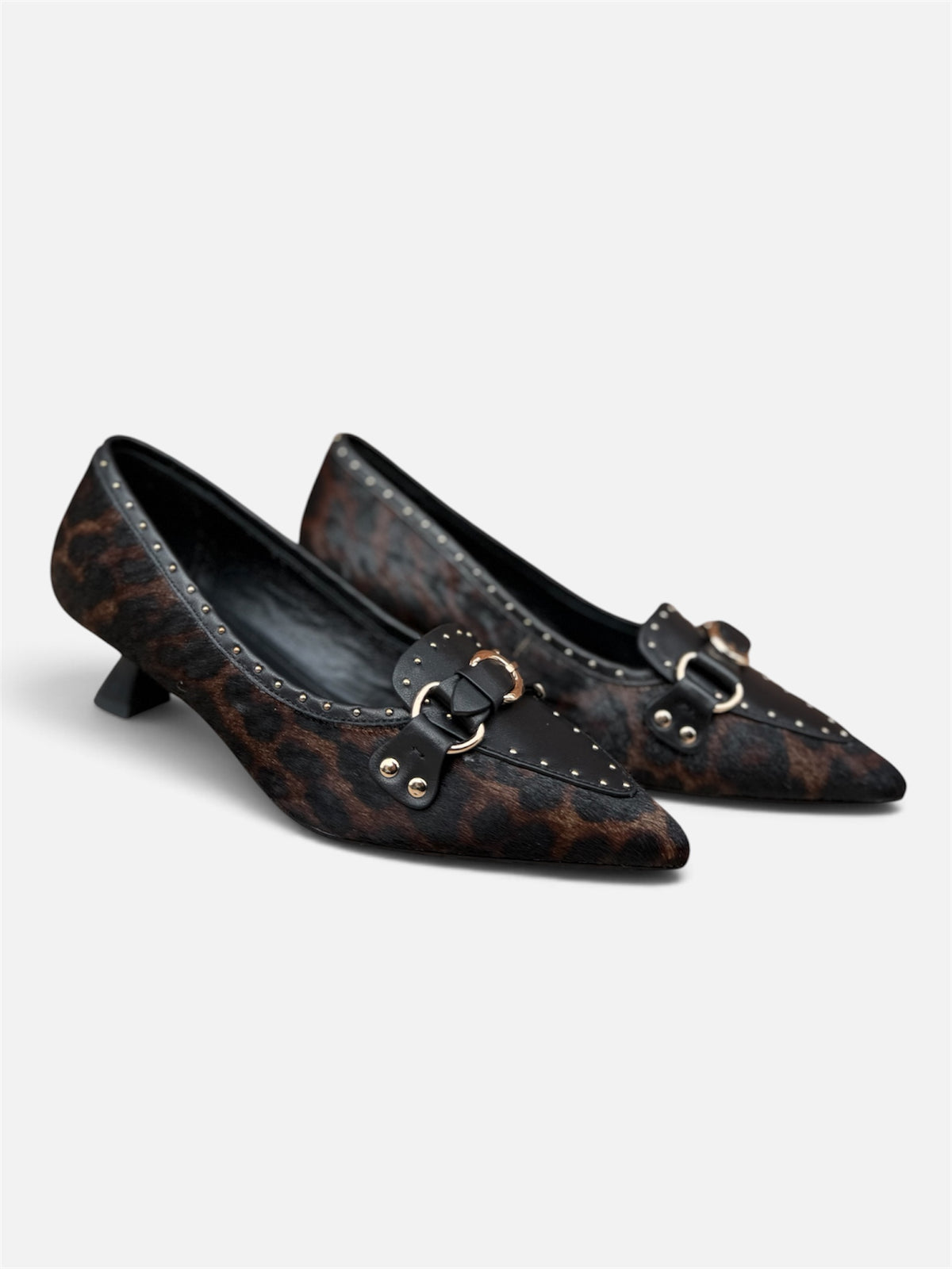 Lodi Cassion leopard print pointed toe court shoes with low sculpted heel – angled pair view