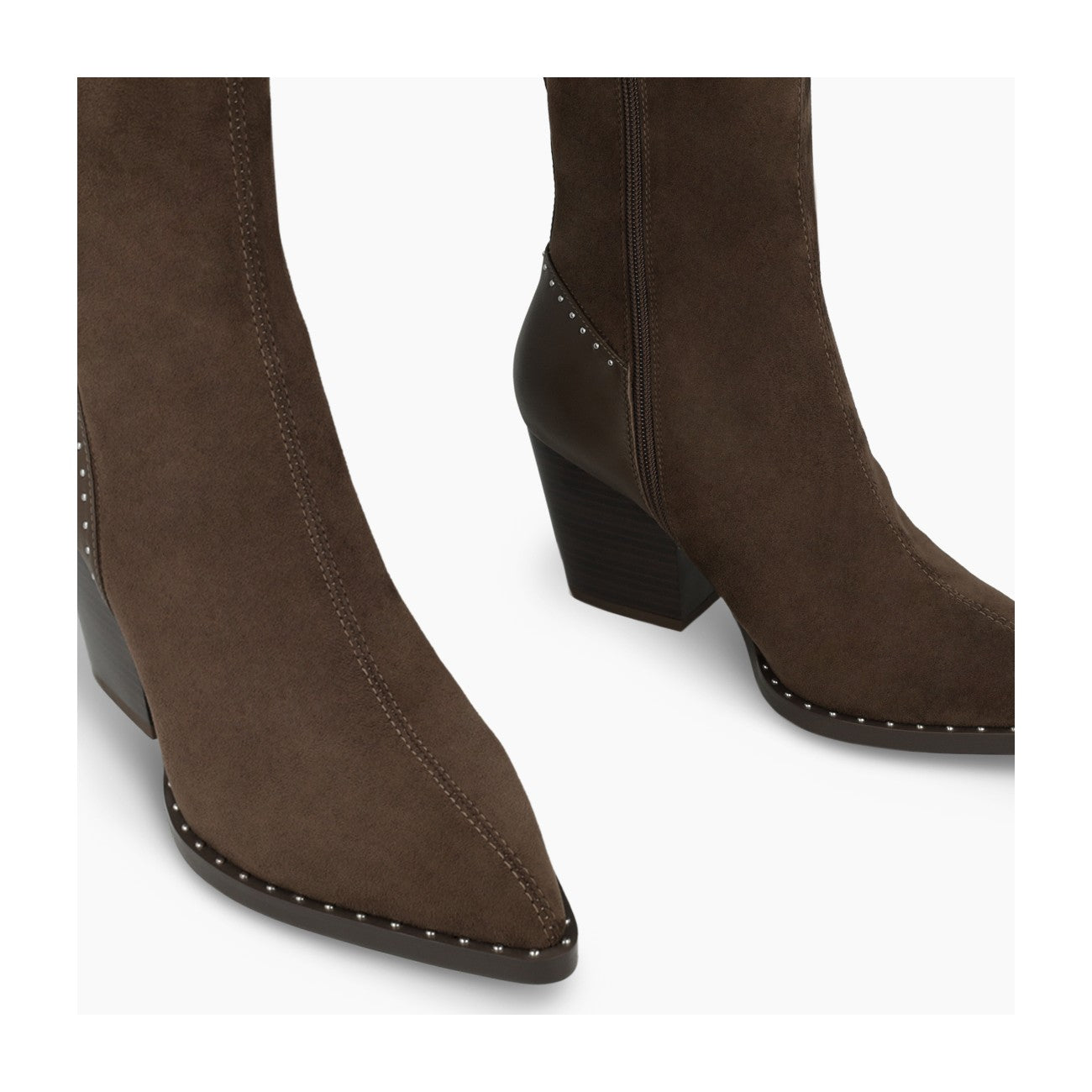 Lodi Cei studded cowboy style boots in brown suede — pointed toe profile