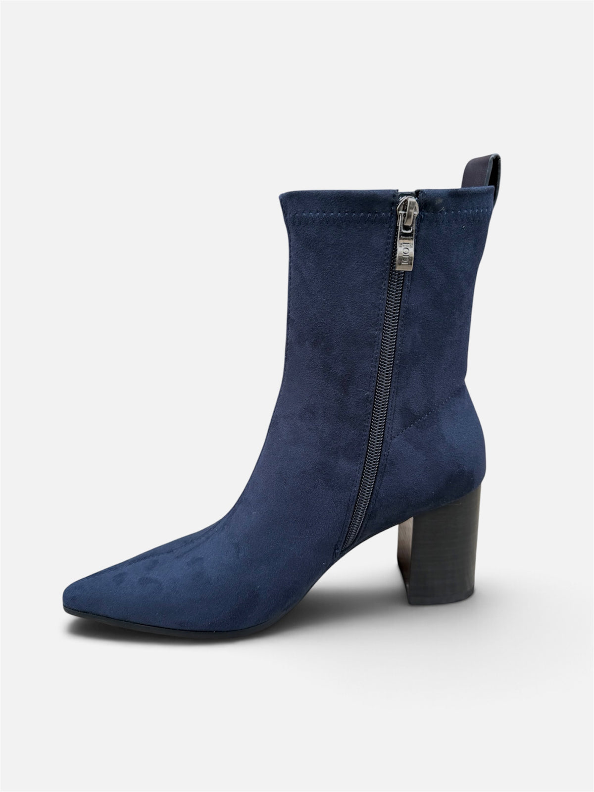 LLodi Ginebra navy suede ankle boot – zip side view