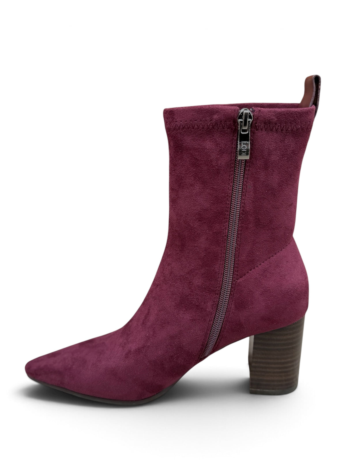 Lodi Ginebra wine suede ankle boot – zip side view