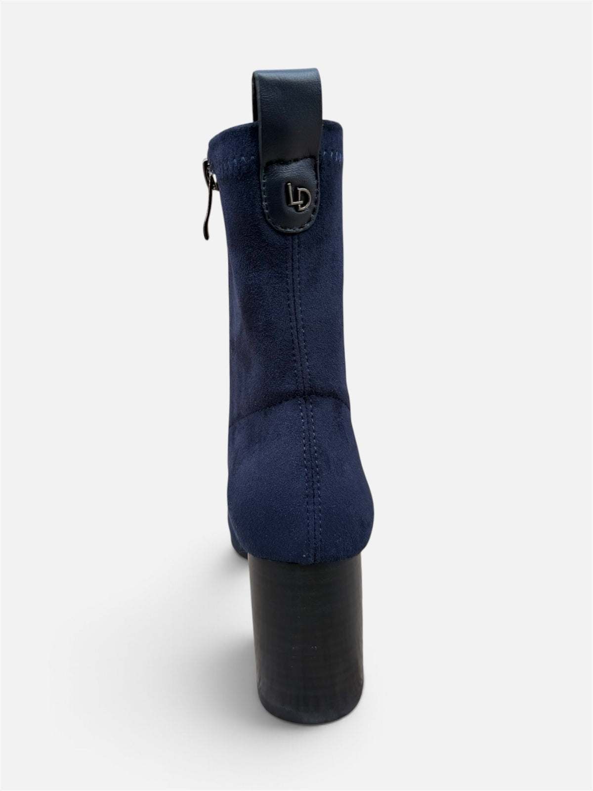 Lodi Ginebra navy suede ankle boot – rear heel view