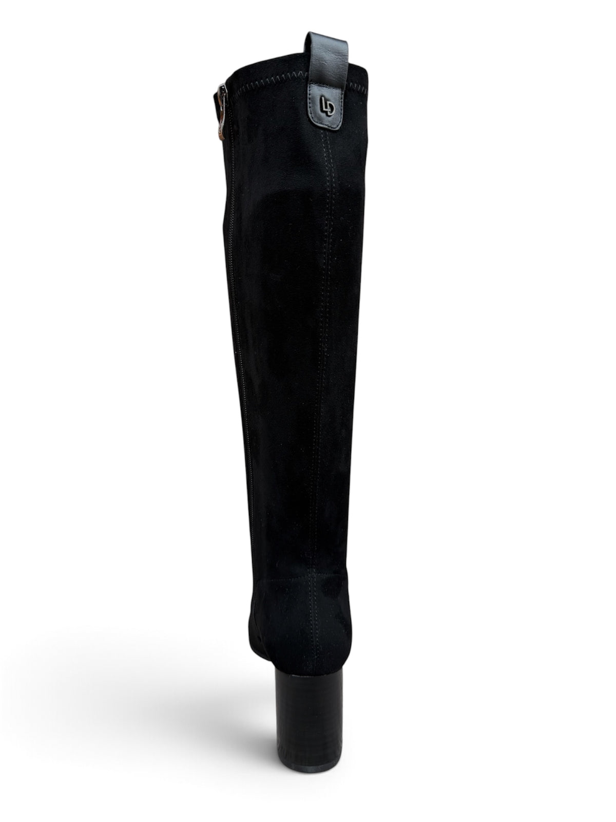 Lodi Gladis black suede sock boot – rear heel view