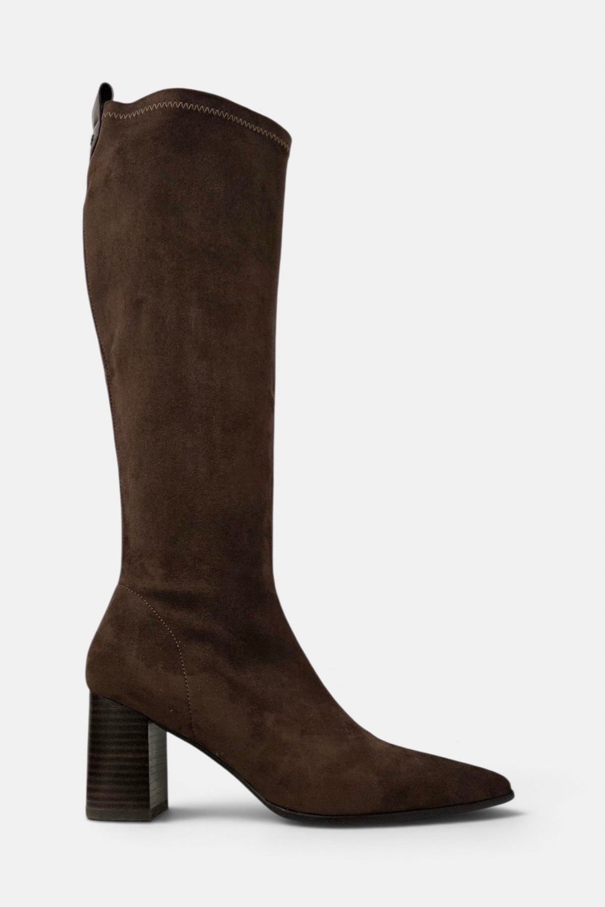 Lodi Gladis brown suede mid heel sock boot – outer side view