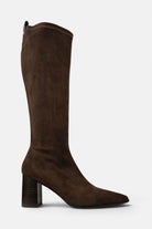 Lodi Gladis brown suede mid heel sock boot – outer side view