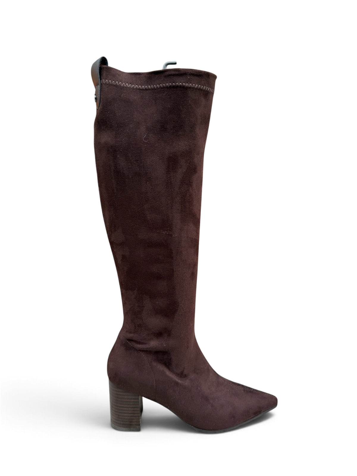Lodi Gladis brown suede knee-high sock boot with pointed toe and block heel