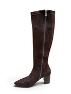 Lodi Gladis brown suede knee-high pointed toe sock boots with block heel - zip view 