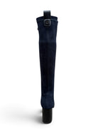     Lodi Gladis navy suede sock boot – back block heel view