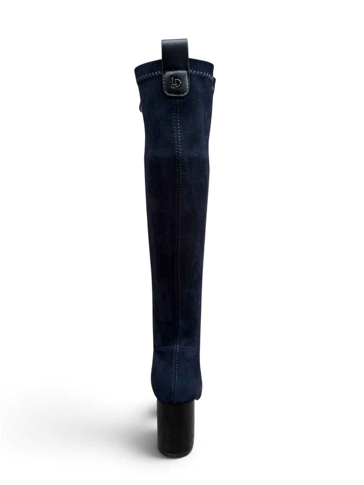     Lodi Gladis navy suede sock boot – back block heel view