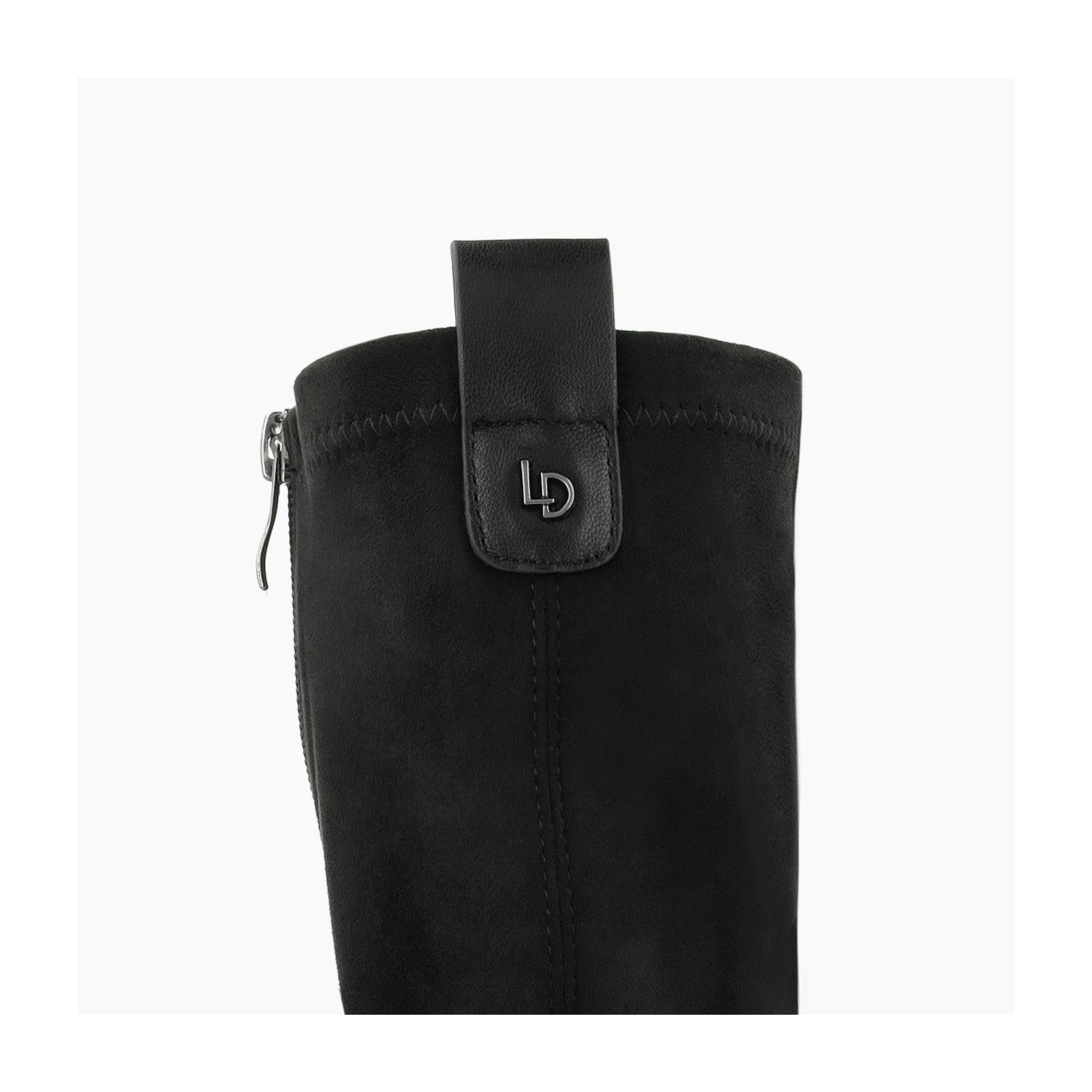 Lodi Halbor black knee-high boot with leather tab for east on and off