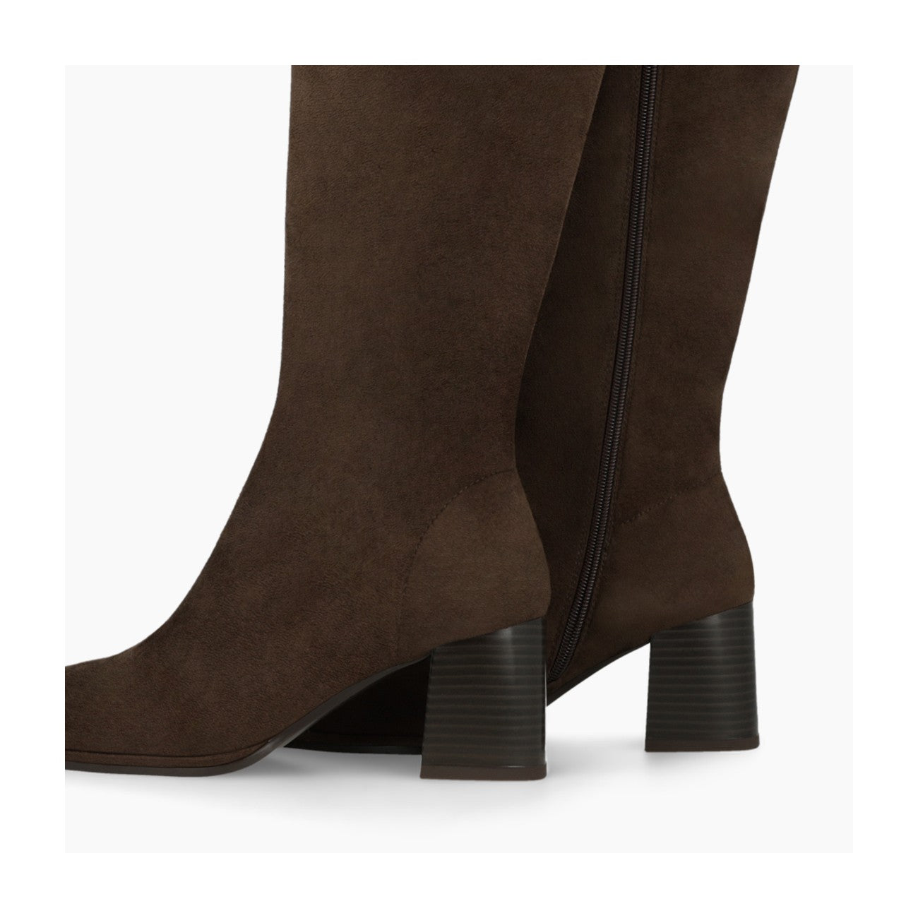 Lodi Halbor brown knee high suede boots, heel and ankle detail.