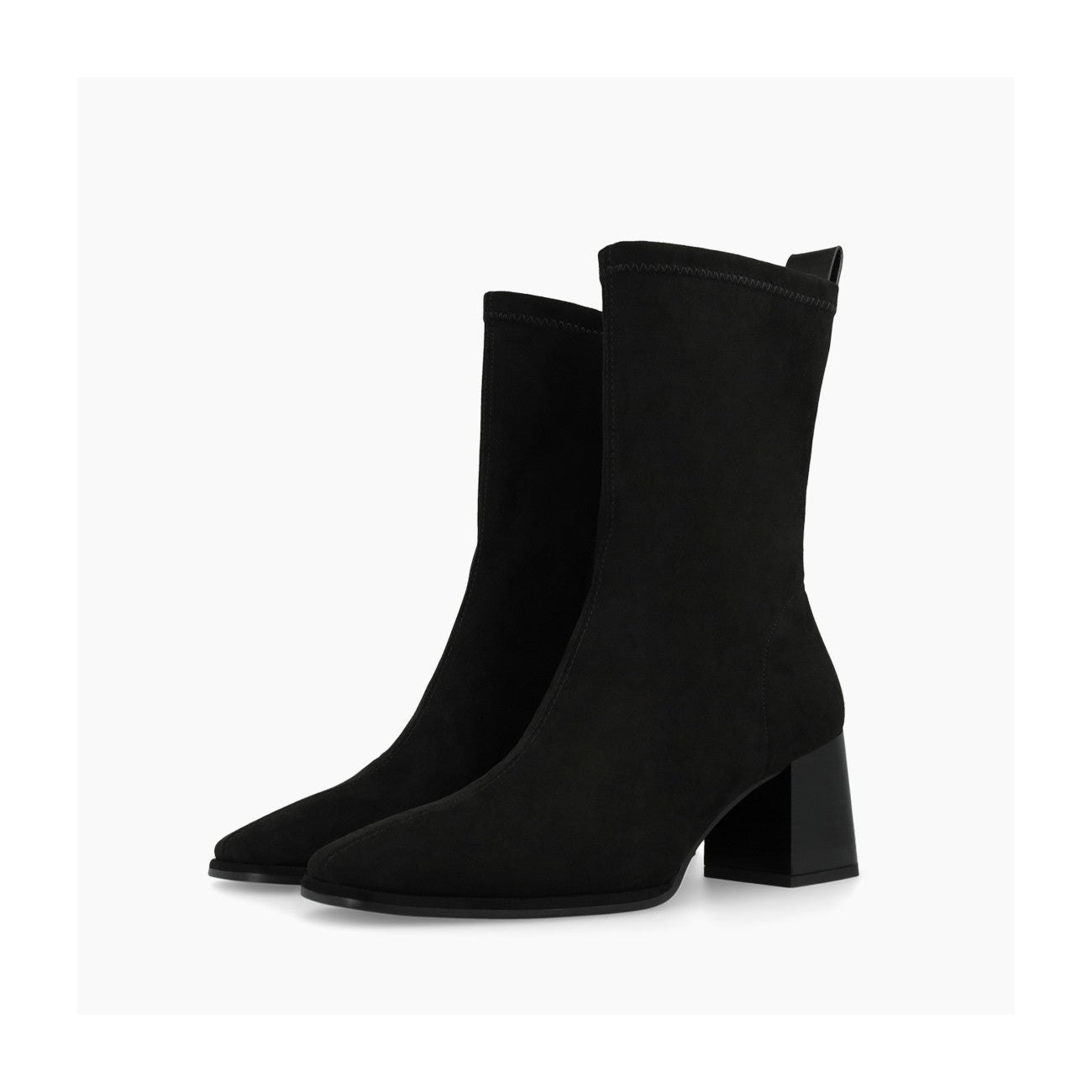 Pair of Lodi Heka black suede ankle boots showing slim ankle and block heels.