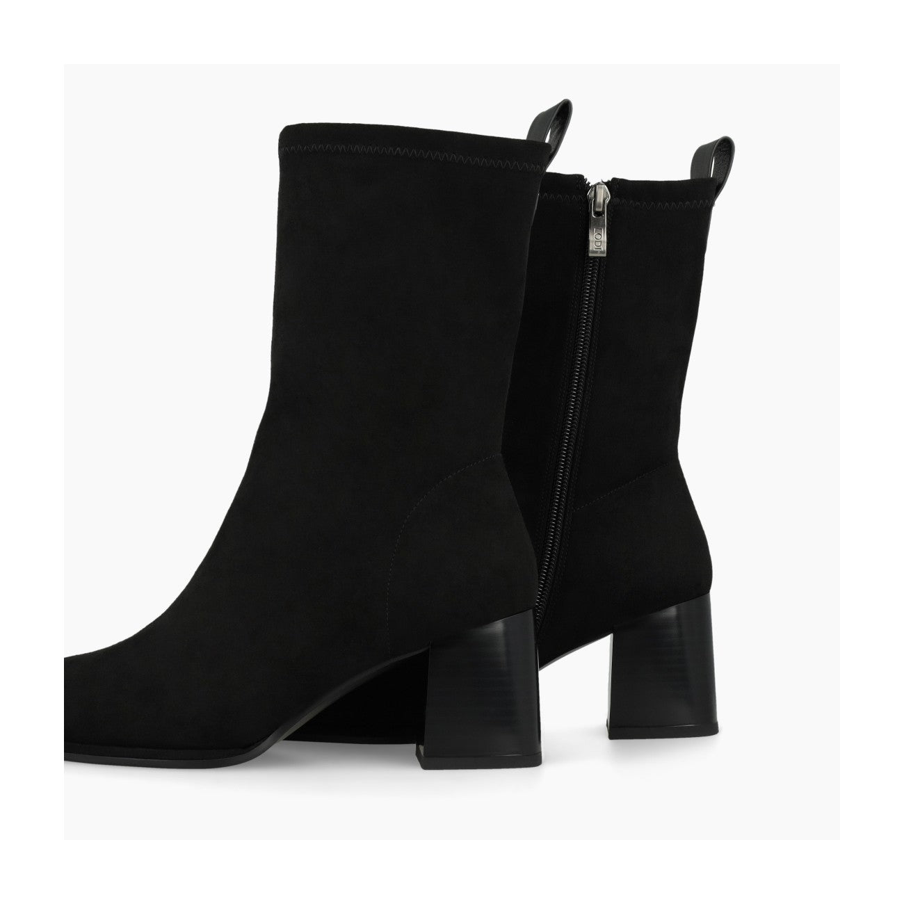 Back and inner-zip view of Lodi Heka black suede ankle boots with block heel.