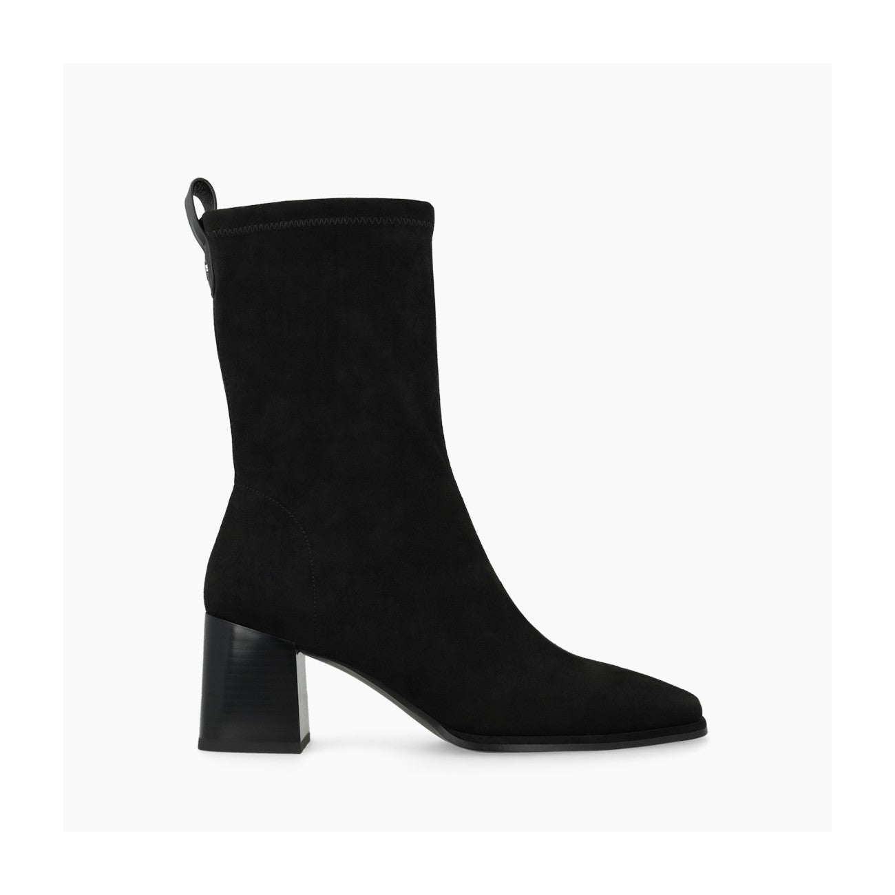 Lodi Heka black suede ankle boot with soft square toe and 6.5 cm block heel, side view.