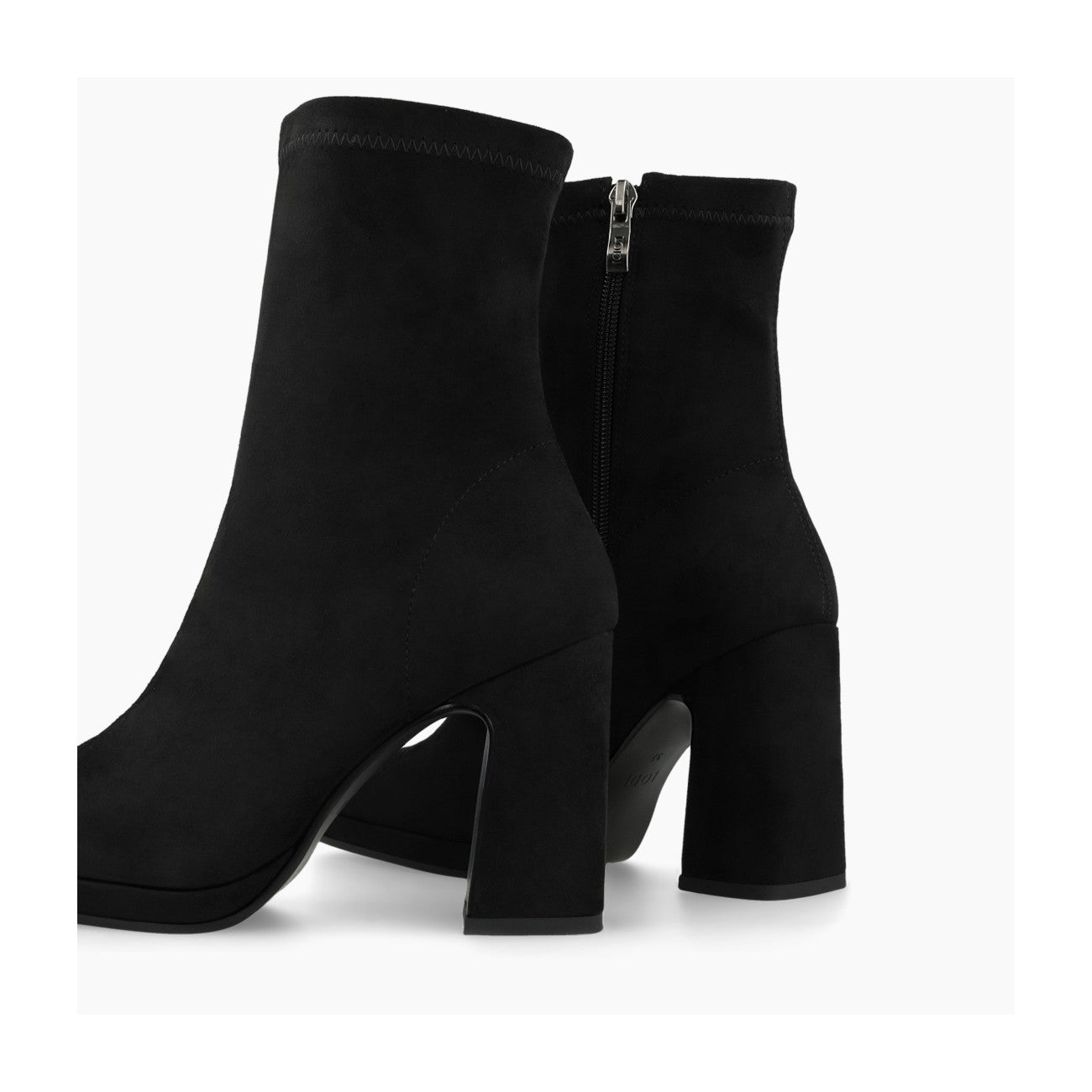 Black suede Laira high heel boots, rear/inner-zip detail.