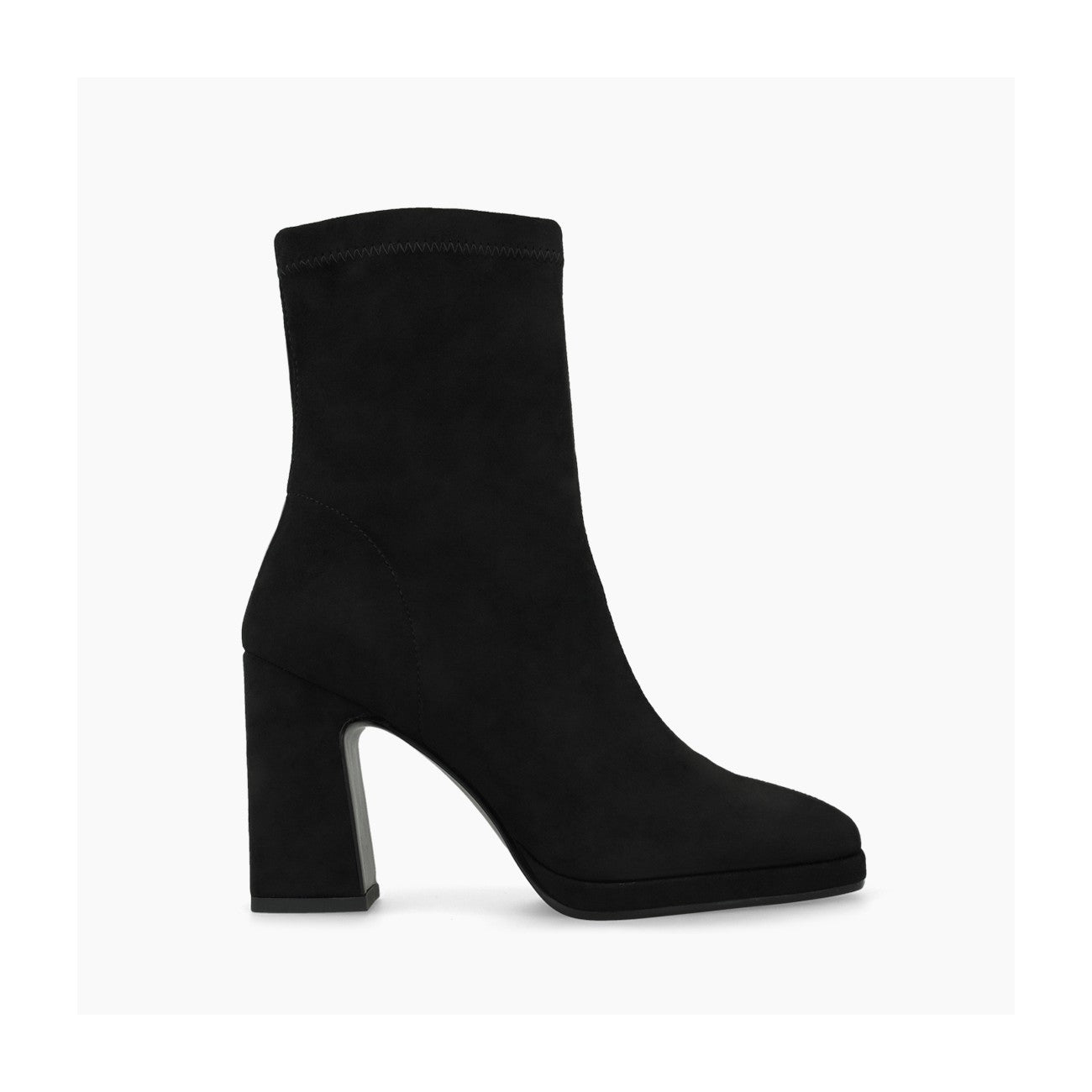 Black suede Laira ankle boot, side profile with high block heel and platform.