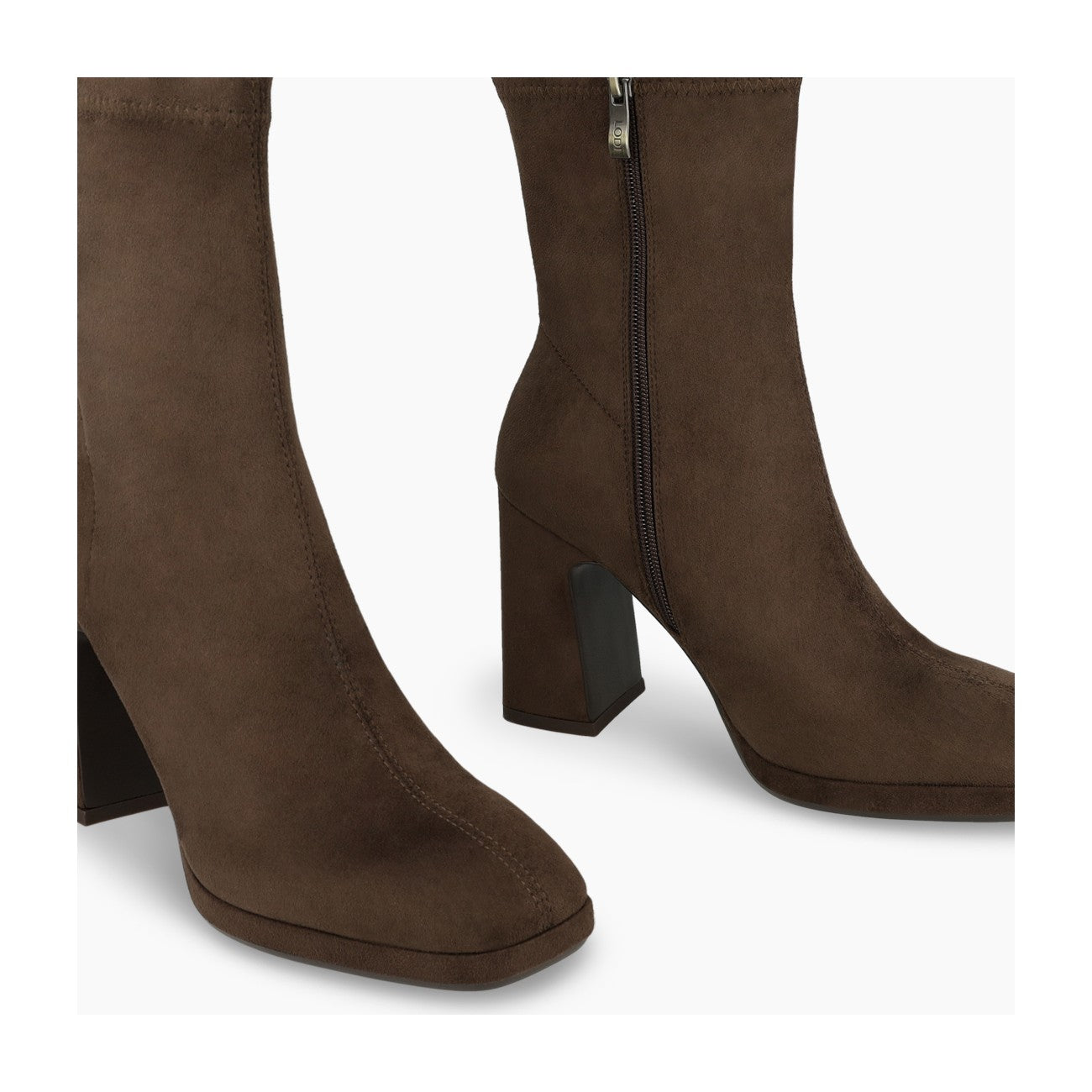Brown suede Laira boots, angled view showing rounded square toe.