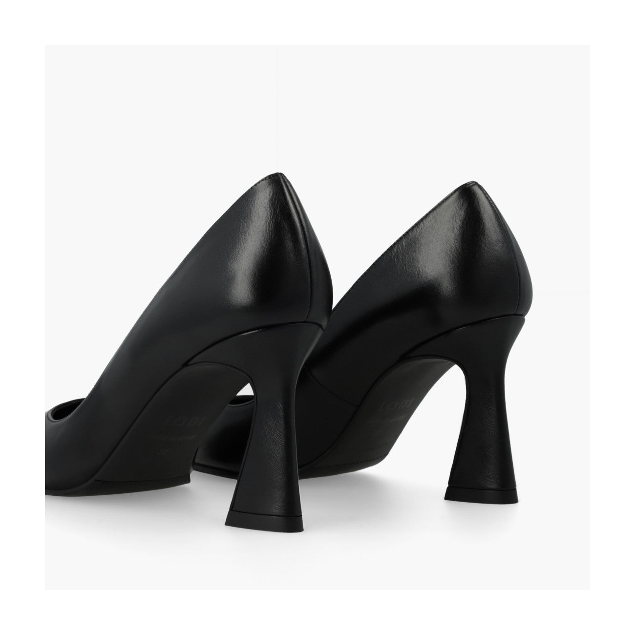 Rear view of Lodi Roa black leather court shoes showing sculpted heels