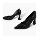 Lodi Roa black leather pointed toe heels shown from a three-quarter angle